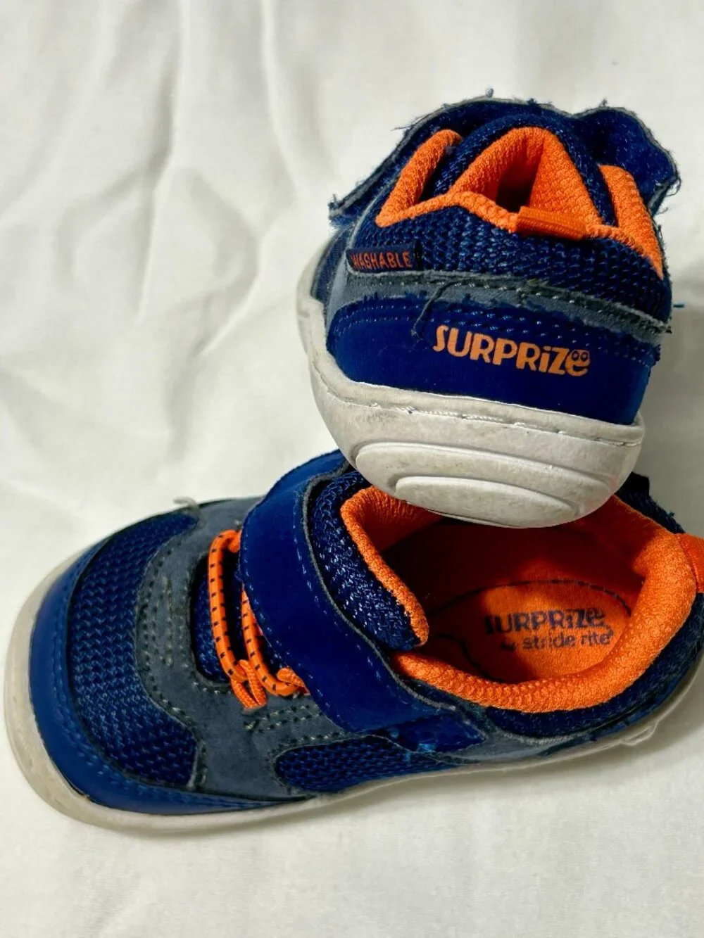 Size 4 Baby Surprize by Stride Rite Navy and Orange Velcro Sneakers Tennis Shoes